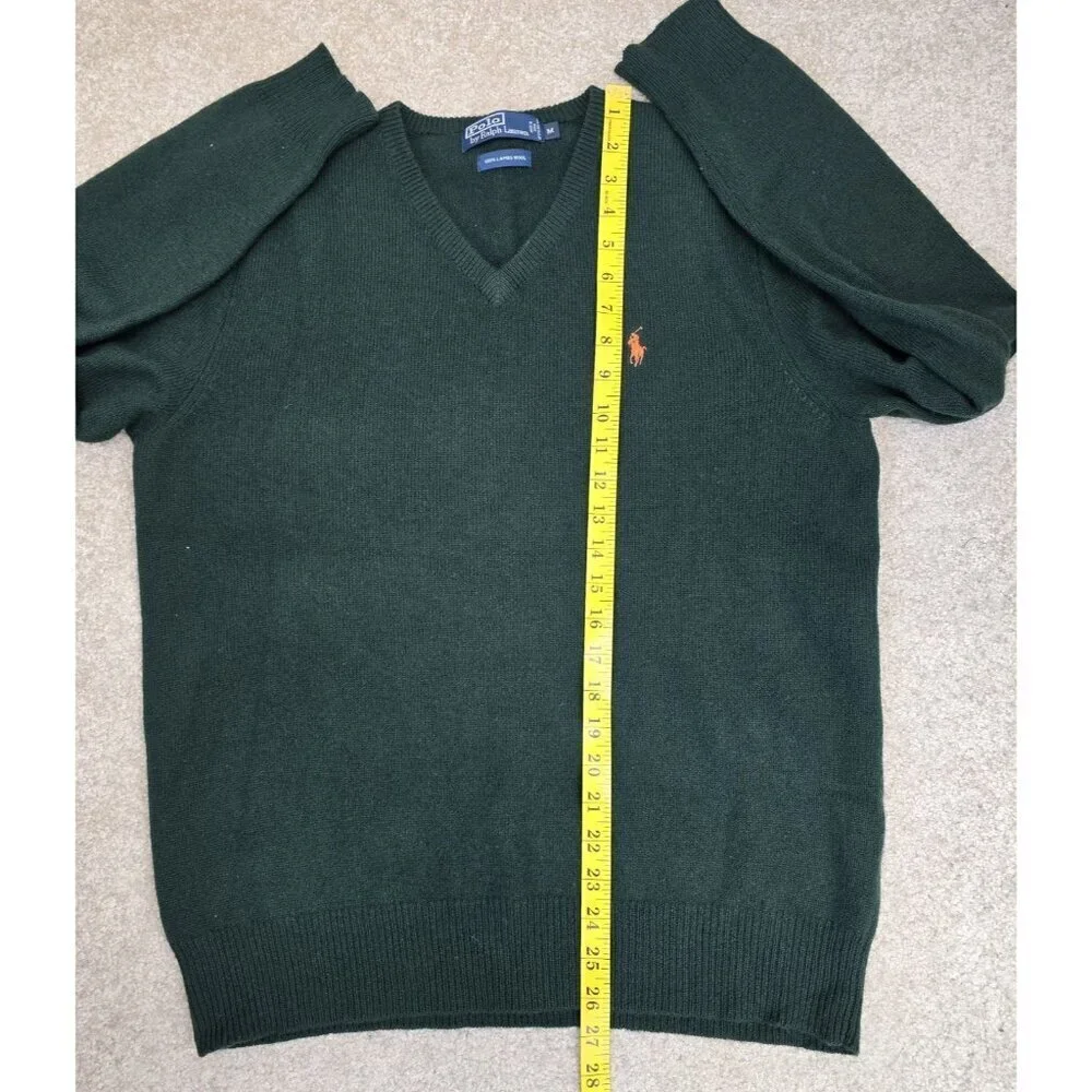 Polo Ralph Lauren 100% Lambswool VNeck Sweater Mens Size Medium Green Orage Pony